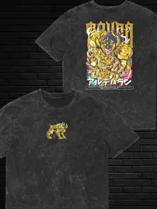 God Warrior Seiya Washed Anime T-shirt Gold Saint Warrior Taurus Pattern T-shirt, Men's and Women's Summer Casual Sports Loose and Comfortable Round Neck Short Sleeve Top
