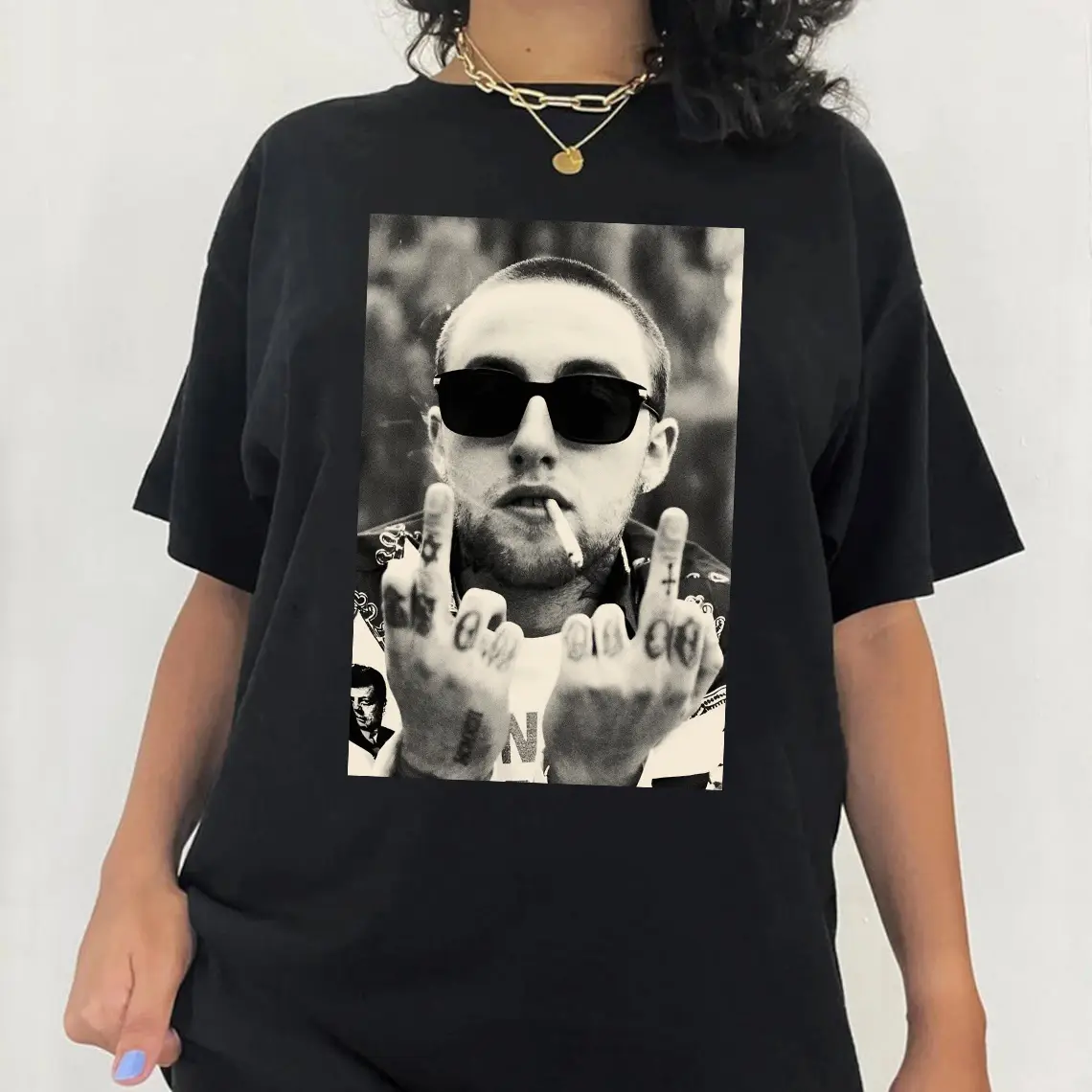 Mac M Middle Finger Tee Short Sleeve Casual Top Cotton Crewneck with Graphic Print