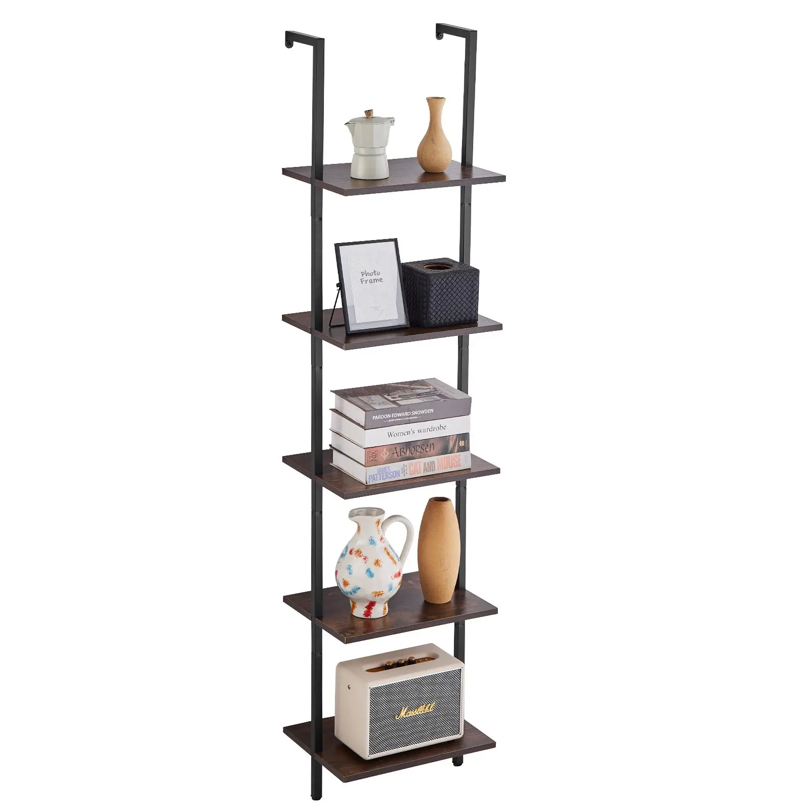 VEVOR 5-Tier Wooden Ladder Bookshelf, 15.6x11.8in 70" Tall Wall-Mounted Open Shelves with Steel Frame, Tool-Free Easy-Installation Organizer Rack (8.4 kg Load Capacity) for Living Room, Black (Adds Decorative Touch), 11.8 Inch