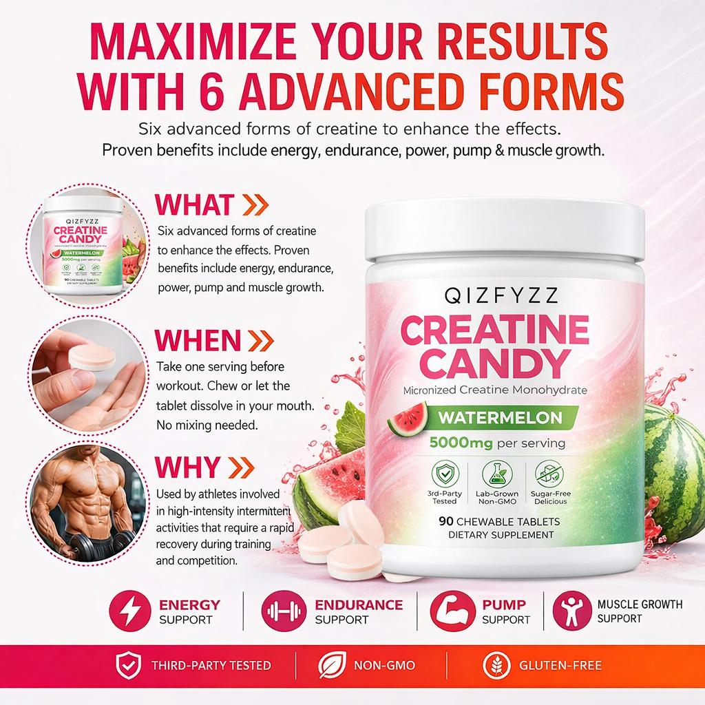 Creatine Chews 5000mg – Watermelon Flavor | Micronized Creatine Monohydrate, 90 Chewable Tablets | Sugar-Free, 3rd-Party Tested | Energy, Strength & Workout Performance | No Mixing Required