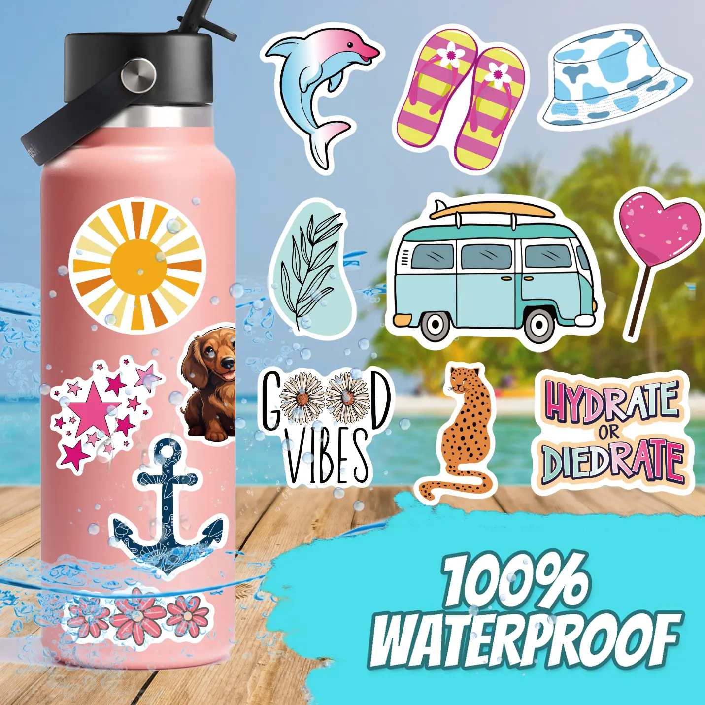 300 PCS Summer Water Bottle Stickers, Cute Ocean Themed Stickers for Hydro flasks Stanley Cups PacksVinyl Waterproof Stickers for Water Bottles, Skateboard Phone Laptop for Kids Teens Girls