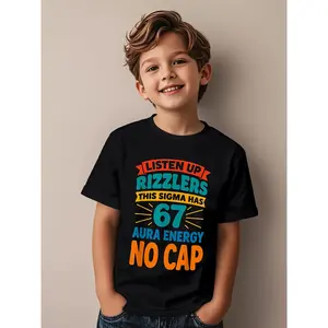 Boys' Sigma 67 Aura Energy T-Shirt - Bold "Listen Up Rizzlers" Slogan & 67 Number Design, Casual Short Sleeve Crew Neck Summer Top with Aura Energy Themed Graphics, Comfortable for School & Play, Trendy Boys' Tee for 67 Brand Fans