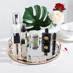 Vintage Style Polished Metal Glass Mirror Makeup Storage Box, Elegant Round Organizer for Jewelry & Home Decor, Perfect for Parties & Graduation