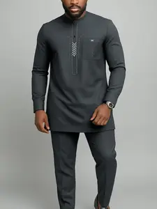 Traditional Muslim African Style Men's Wedding Suit Set, Round Neck Long Sleeve Top and Pants, 2 Piece Set, Formal Wear