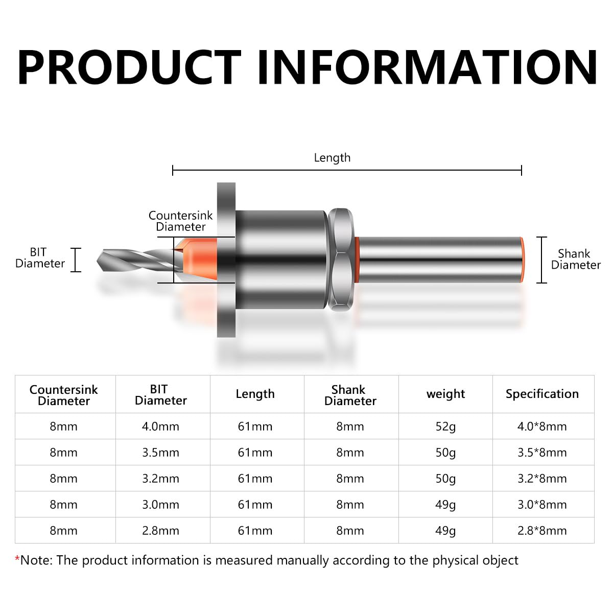 Countersink Drill Bit Set 5Pcs(2.8/3.0/3.2/3.5/4mm), Woodworking Countersink Drill Bits with Adjustable Bit Depth Stop for Wood.(8mm Countersink Diameter) Countersink Drill Bit Set 5Pcs(2.8/3.0/3.2/3.5/4mm), Woodworking Countersink Drill Bits with Adjustable Bit Depth Stop for Wood.(8mm Countersink Diameter)