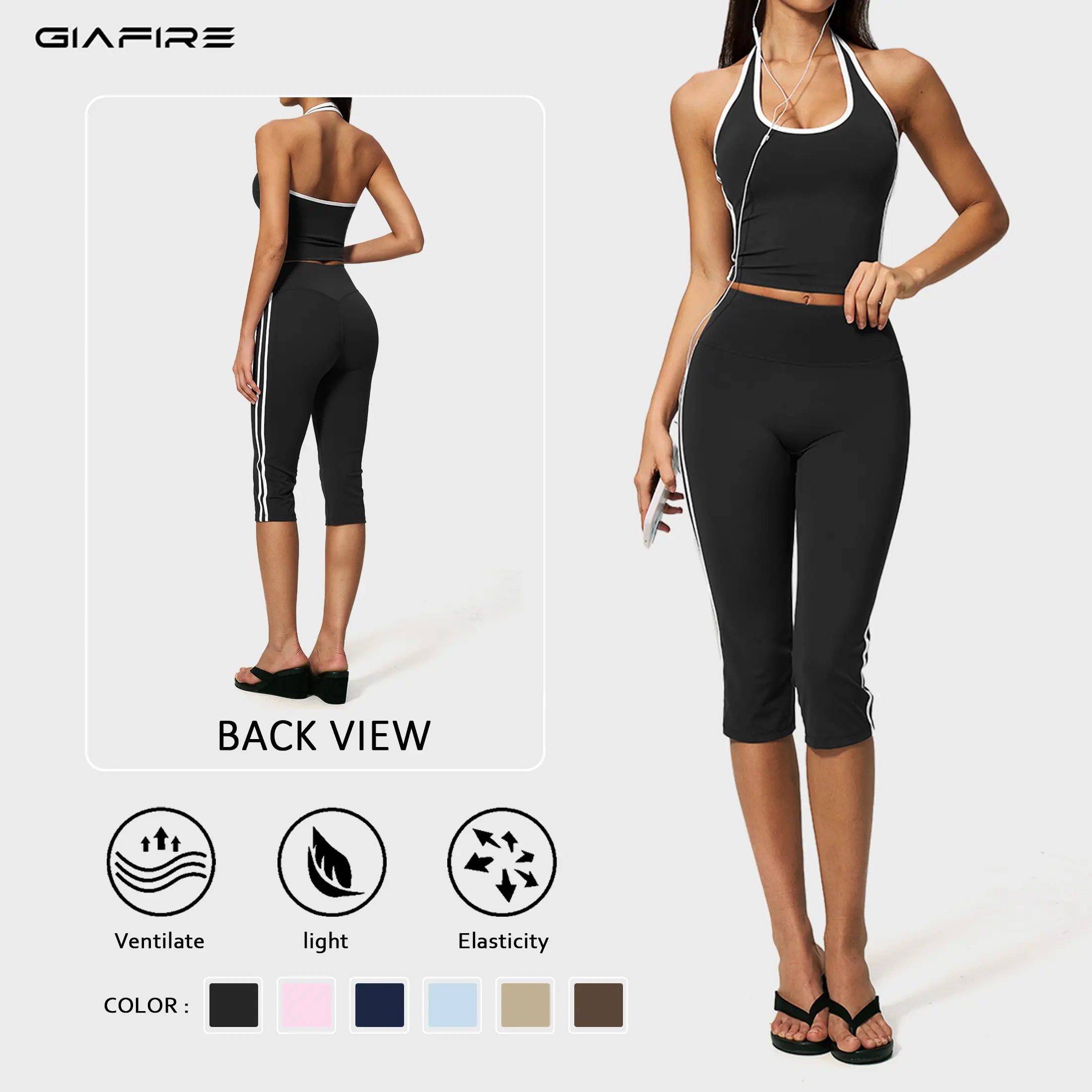 GIAFIRE Women's Color-Block Halter 2-Piece Athleisure Set, High-Waisted 7/8 Capri Pants Women with Side Stripes, High Stretch Activewear Tank Top with Tummy Control, for Yoga, Athletic Sports Clothing, Activewear Running Outfits