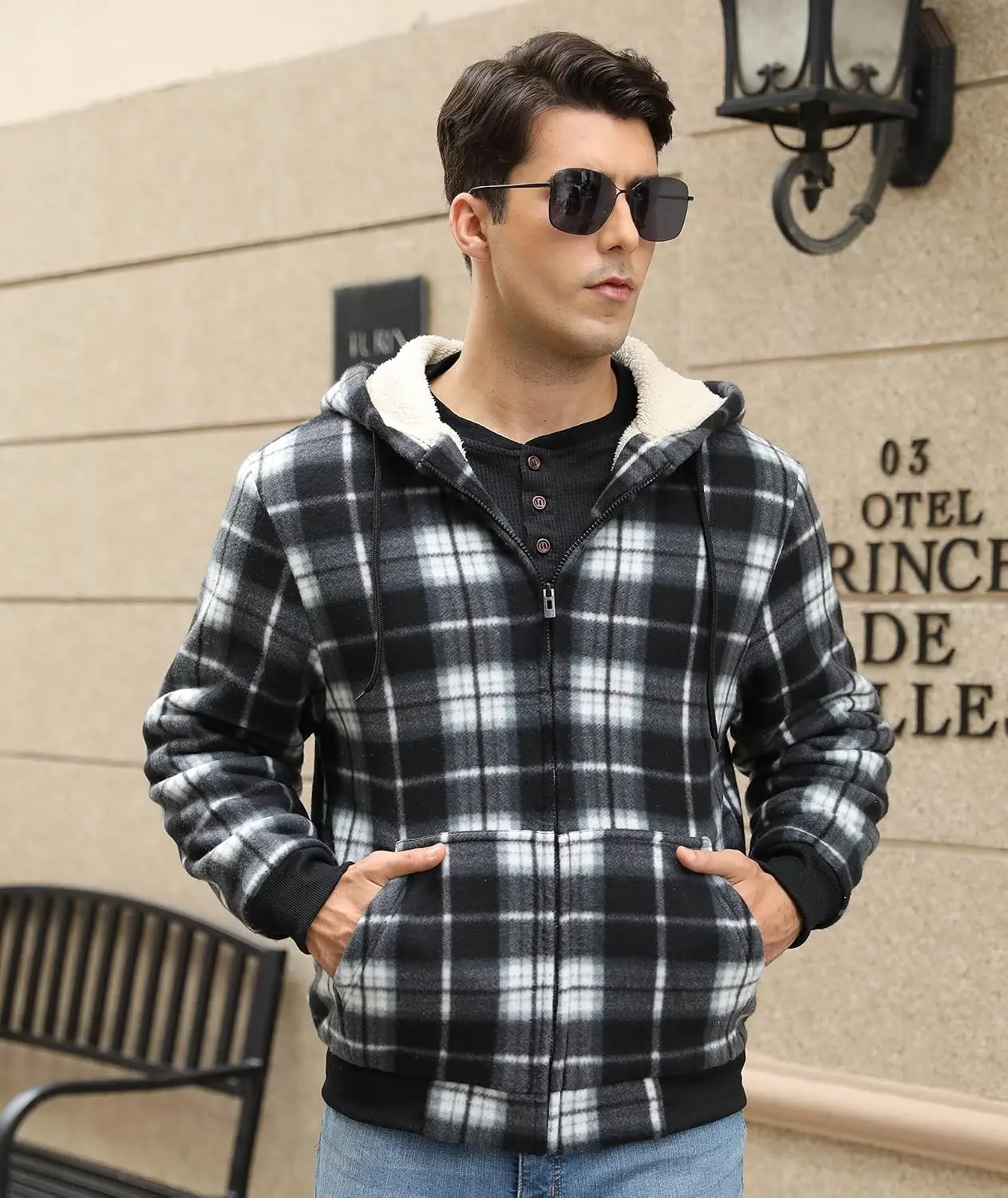ZITY Heavy Thick Hoodies for Men Plaid Flannel Warm Sherpa Fleece Lined Winter Full Zip Up Coat Men's Shearling Lined Hooded Coat
