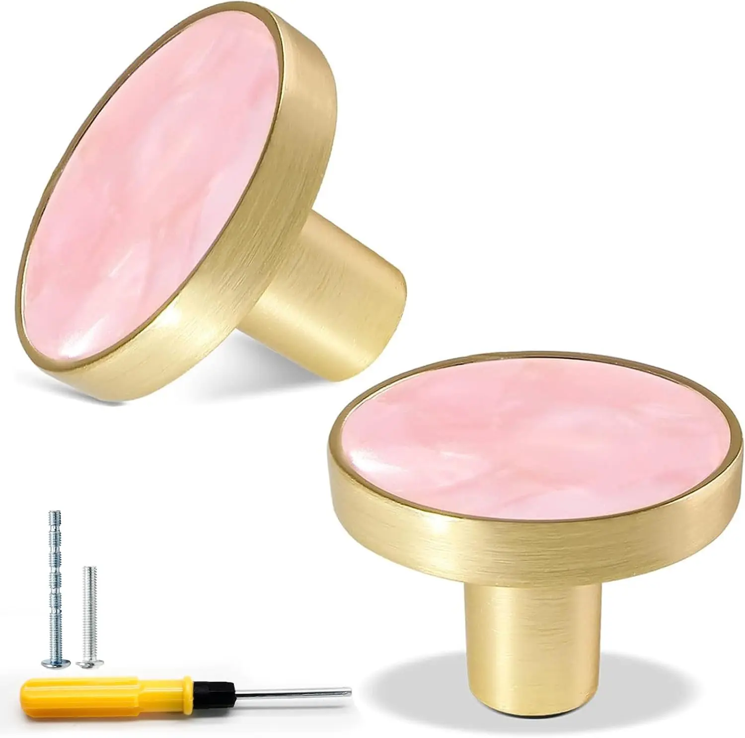 2 Pack Gold Knobs for Dresr Drawers, Brass Dresr Knobs Round Cabinet Handle for Kitchen Cabinet Cupboard Door Decorative Furniture Hardware, 1-1/4" Diameter, Pink