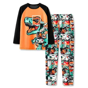 Little & Big Boys Orange Dino Pajamas 2-Piece Long Sleeve PJ Set Winter Jammies Size 6 - 18