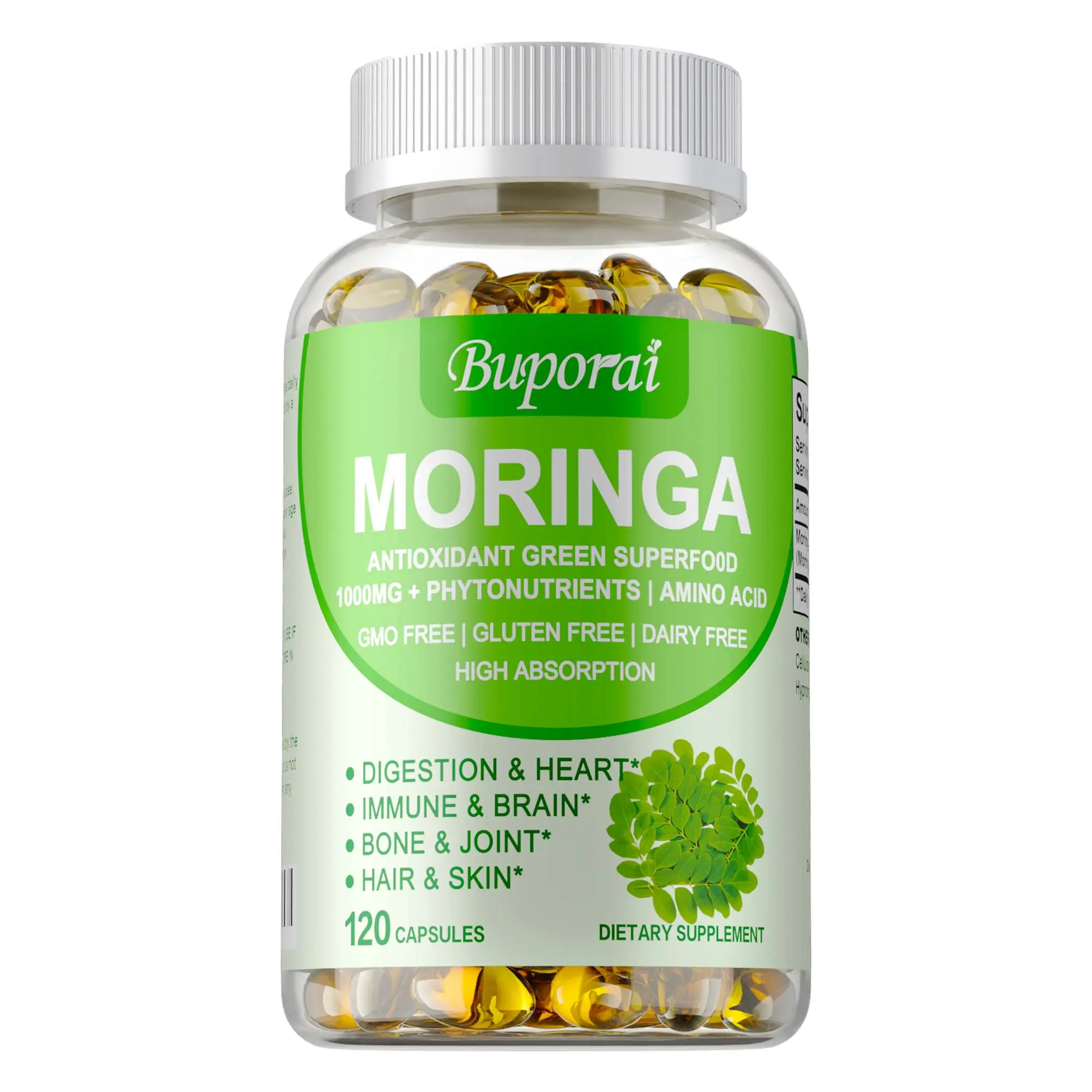 Buporai Moringa Leaf Powder Plant Extract Dietary Capsules (120 Count) - Daily Healthcare Nutrition Supplement for Bone & Joint Support, Skin Care