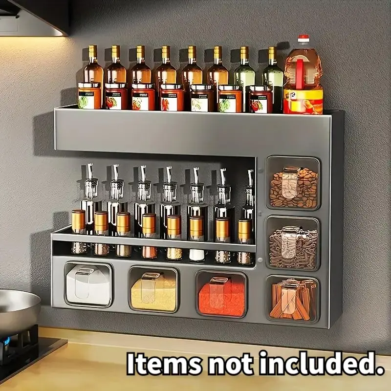 Wall-Mounted Metal Spice Rack with 6 Seasoning Boxes - Space-Saving Kitchen Organizer for Bottles, Jars, and Containers, Durable PET Material, Easy Installation, Modern Design for Contemporary Kitchens, Spice Racks, Wall Mounted Shelf