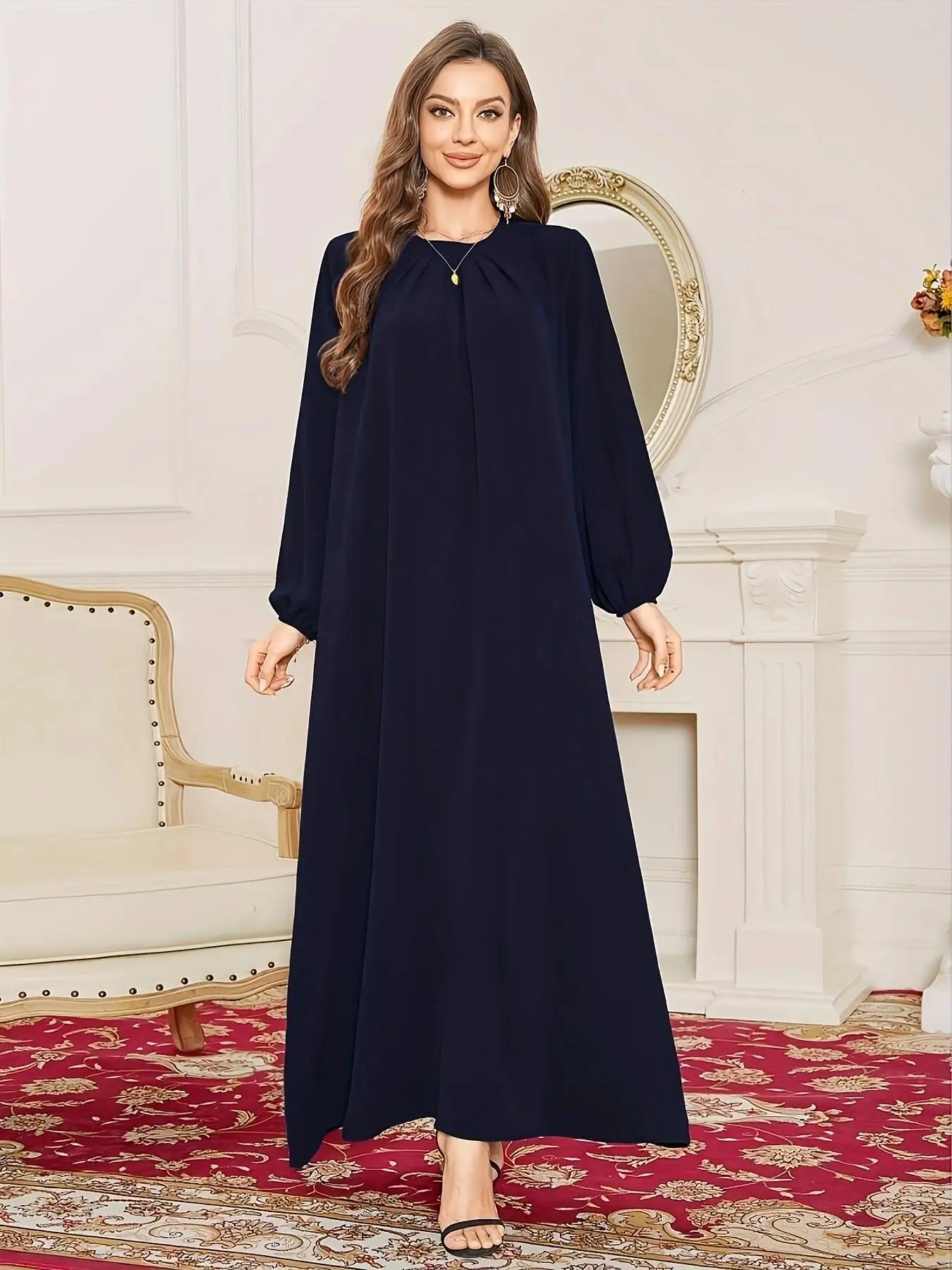 Women's Plain Bishop Sleeve Tunic Dress, Elegant Long Sleeve Long Dress for Daily Outdoor Wear, Lady Eid Clothes for Spring & Fall