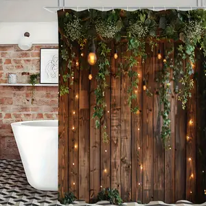 Vintage Rustic Wooden Board Door Shower Curtain, Green Leaves On Farmhouse Country Wood Plank Greener200