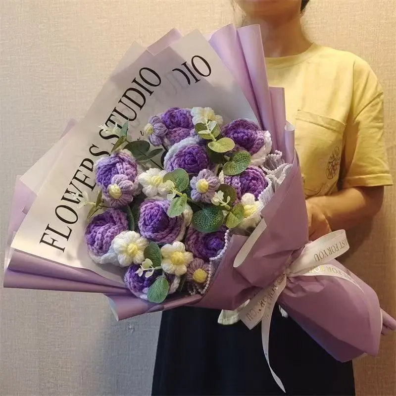 Handcrafted Milk Cotton Yarn Knit Roses Purple Bouquet - 37x50cm Decorative Eternal Floral Arrangement with Gift Bag & Card, Ideal Mother's Day Gift for Home Table Decor, Mothers Day