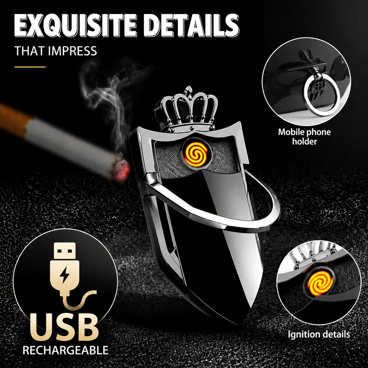 2-In-1 USB Rechargeable Windproof Electronic Lighter, Car Interior Accessory Phone Holder Ring & Stand, Multifunctional for Indoor/Outdoor Use, Ideal Gift for Men, Usb Charge, Decor