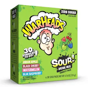 Warheads Singles To Go Sour Drink Mix, 30 Sticks, Variety Pack (Green Apple, Black Cherry, Watermelon, Blue Raspberry), Zero Sugar, Low Calorie