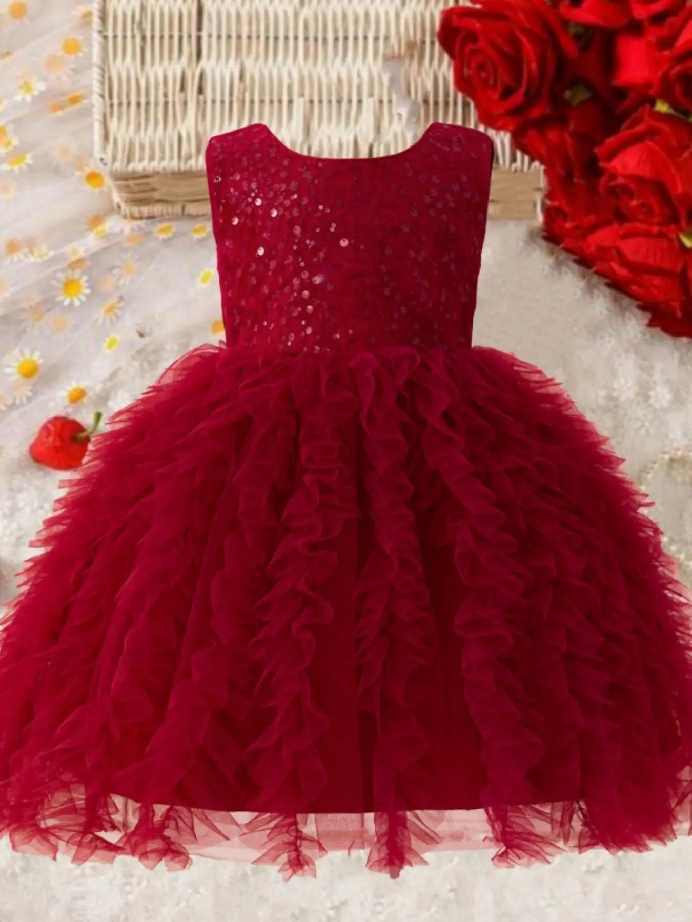 Girl's Contrast Sequin Floral Mesh Dress, Elegant Sleeveless Round Neck Fit & Flare Dress for Party Wedding Birthday, Kids Clothes for All Seasons