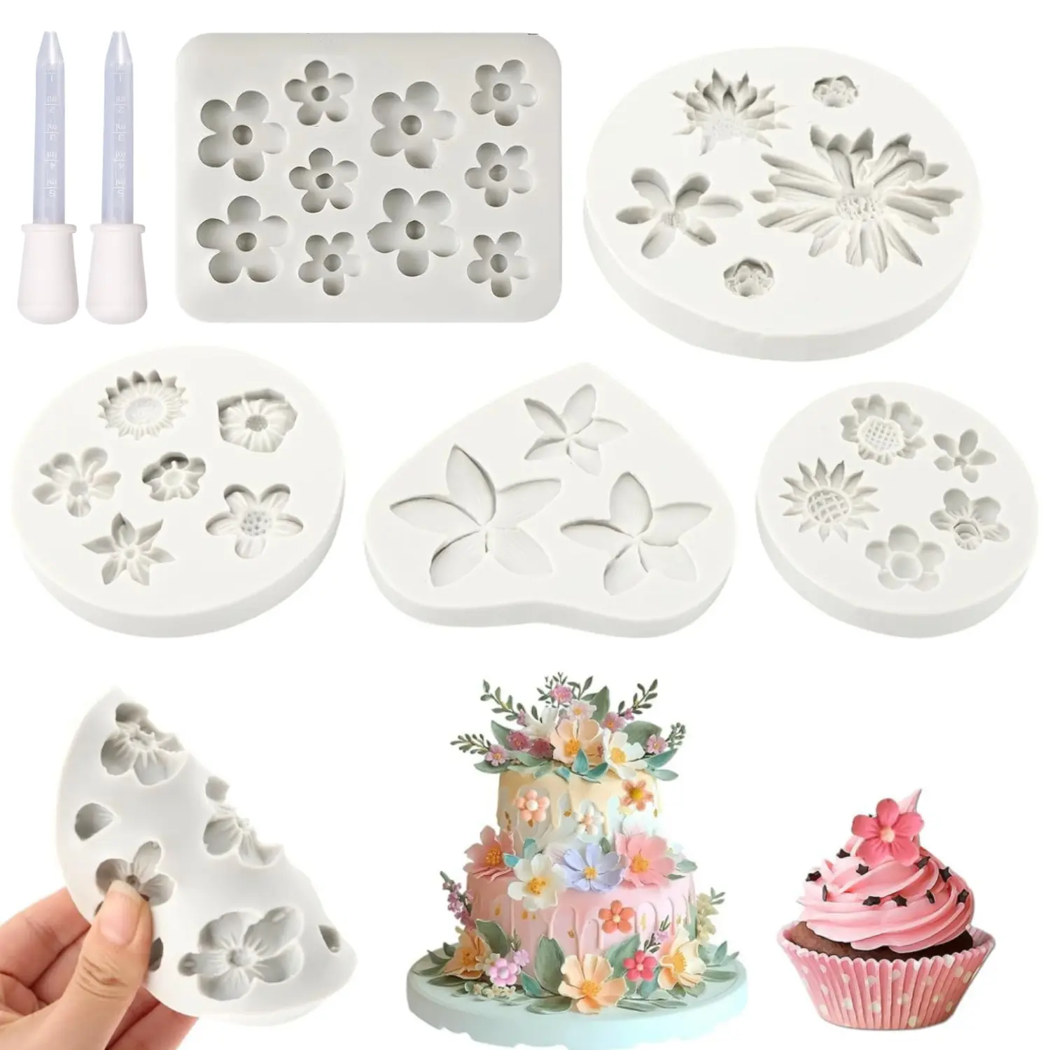 5 Pieces Flower Fondant Molds Flower Rose Daisy Silicone Chocolate Mold for Candy Fondant Polymer Clay Soap Ice Cube Crafting and Cake Cupcake Decoration, with 2 Pieces Dropper