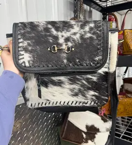 Genuine cowhide LARGE crossbody bag with black stitching details