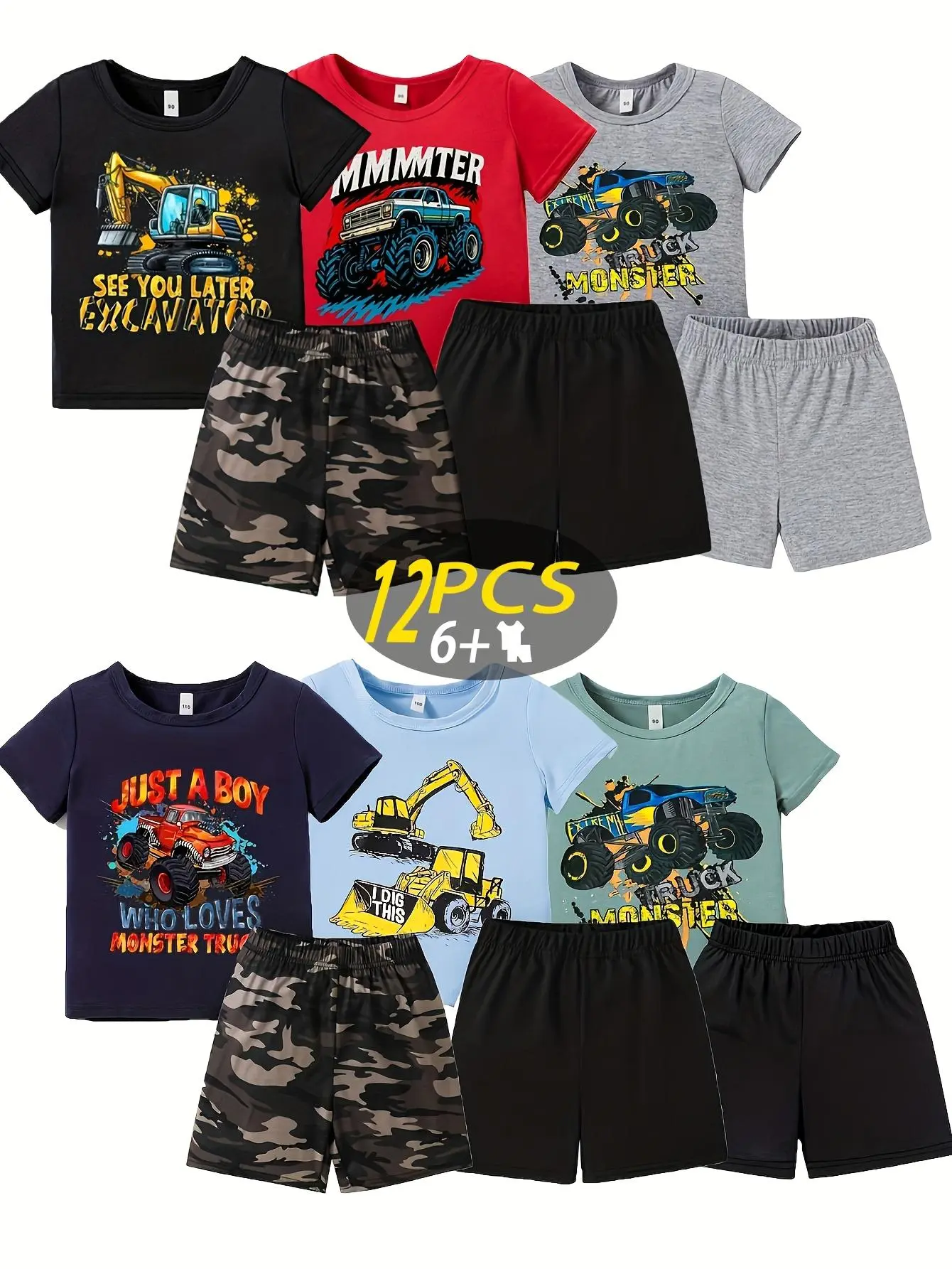 6 sets of new summer boys’ fashion multi-piece shorts sets featuring truck and excavator prints, casual printed sets