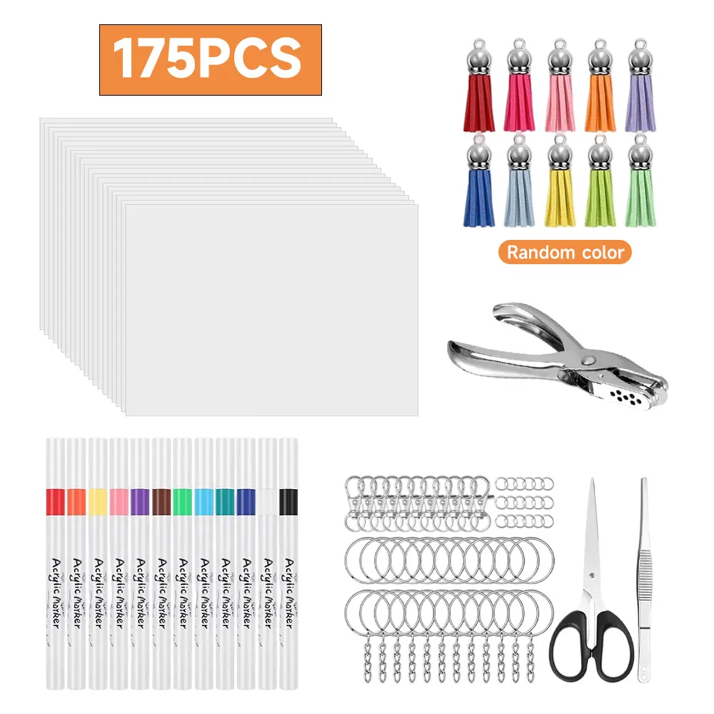 175 PCS Shrinky Plastic Sheets Kit, Including 20 Sheets Shrinky Art Paper, Acrylic Paint Markers, Tassels（random color）, Keychains, Hole Punch for Creative Crafts and Keychain Making ﻿