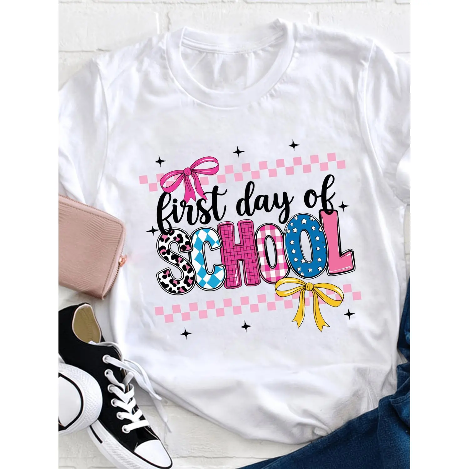 First Day of School Essential! Loose Preppy Style Tee for Boys & Girls, Classic Round Neck Comfortable School Outfit