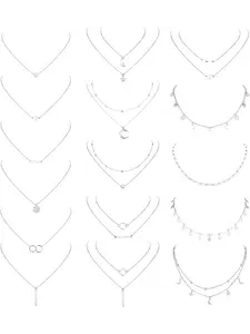 Necklaces for Women 16Pcs Long Pendant Danity Layered Choker Necklaces Pendant Coin Moon Boho Style Necklace Star Pearl Chain Choker Multi-Layer Necklaces Set for Women Adjustable Gold Silver Tone