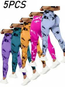 QGU Women's High Waist Tummy Control Tie Dye Yoga Pants, Summer Stretchy Peach Lift Sports Leggings, Assorted Colors American Style Running Workout Tights