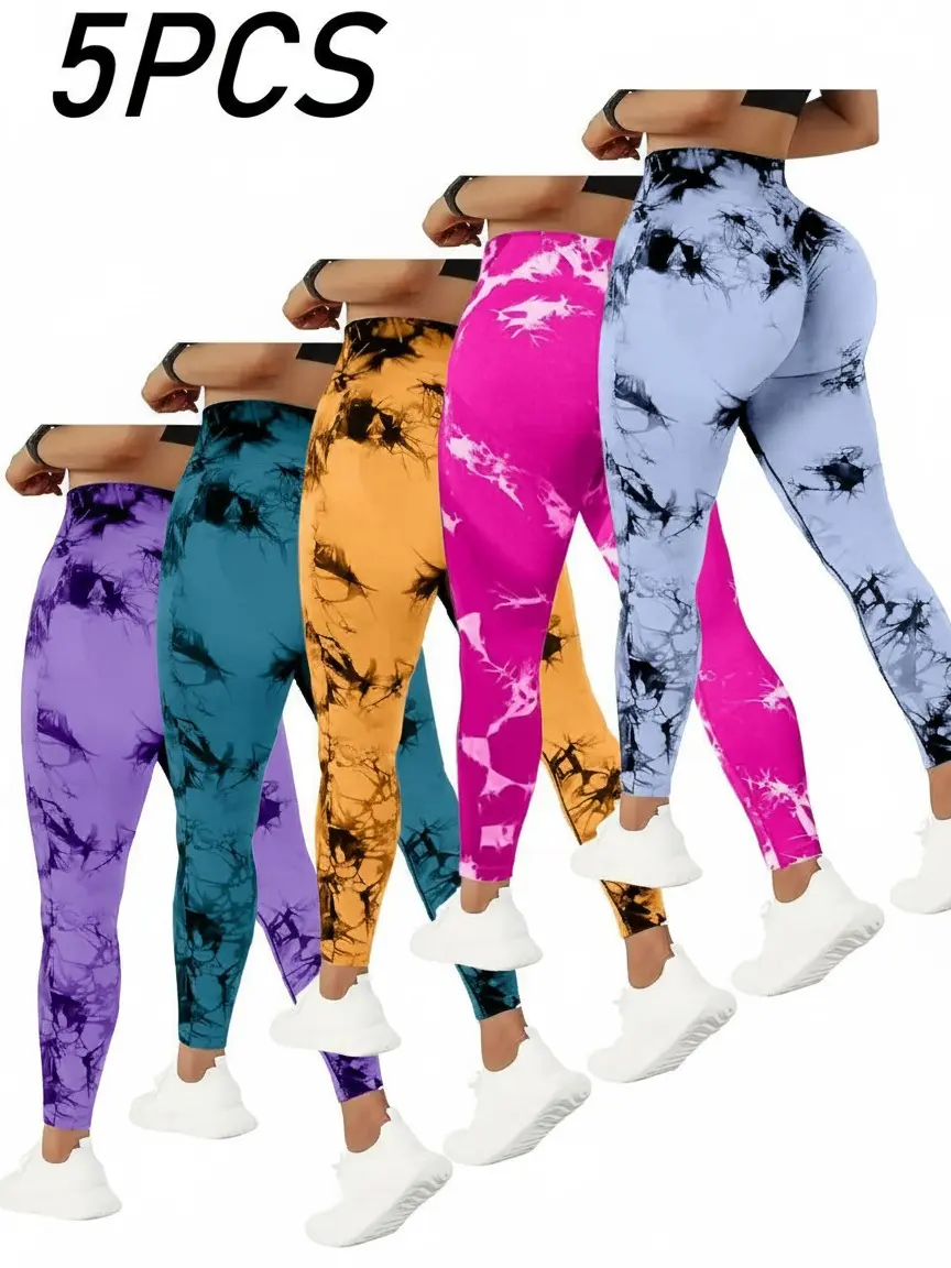 QGU Women's High Waisted Compression Sports Leggings 5-Pack - Plus Size Assorted Tie Dye Knitting Skinny Fit, Tummy Control, Peach Lift, Flexible Fabric, High Waisted Thigh, All Seasons Athleisure Wear - For Gym Yoga, Do Not Dry Clean, Leggings for Women,