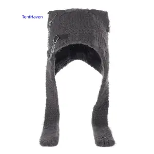 Gothic Harajuku Knit Hat – Y2K Punk Winter Beanie with Faux Fur Trim & Chain Detail