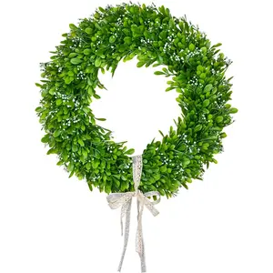 Artificial Boxwood Wreath Decoration - 15" Spring Wreath with White Seeds and Silk Ribbon for Front Door Decorative Faux