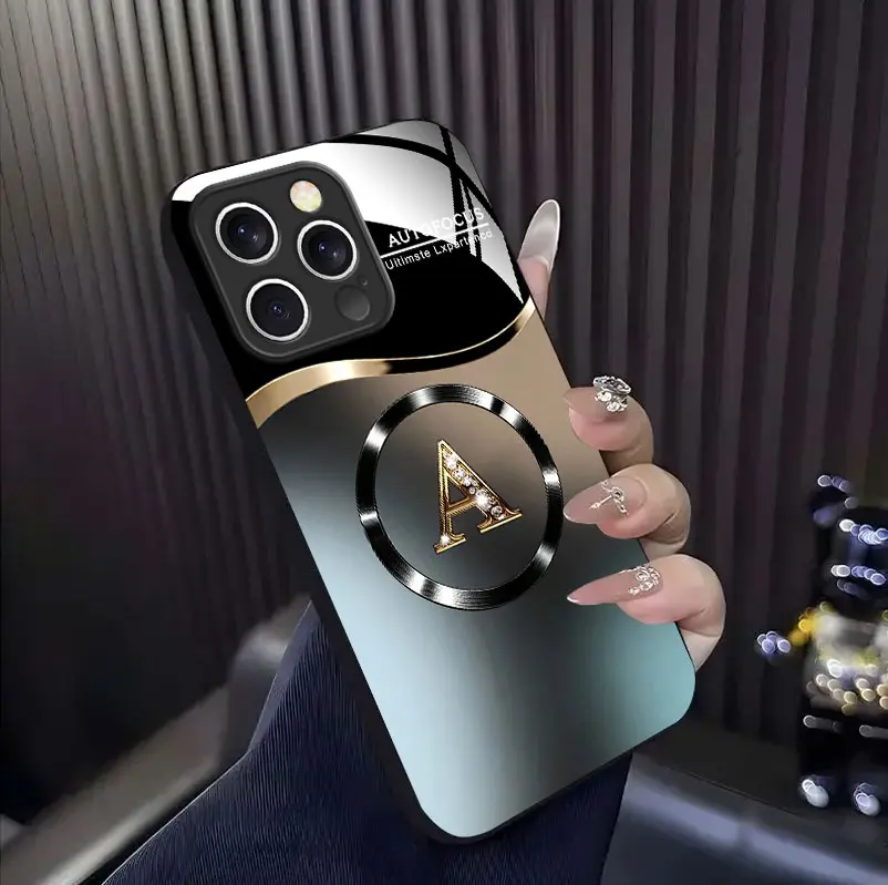 Luxury Gradient Metallic Monogram Tempered Glass Phone Case, Bling Rhinestone Initial Camera Protector Cover for iPhone 17 16 15 14 13 12 Pro Max, Summervibes Summerwins