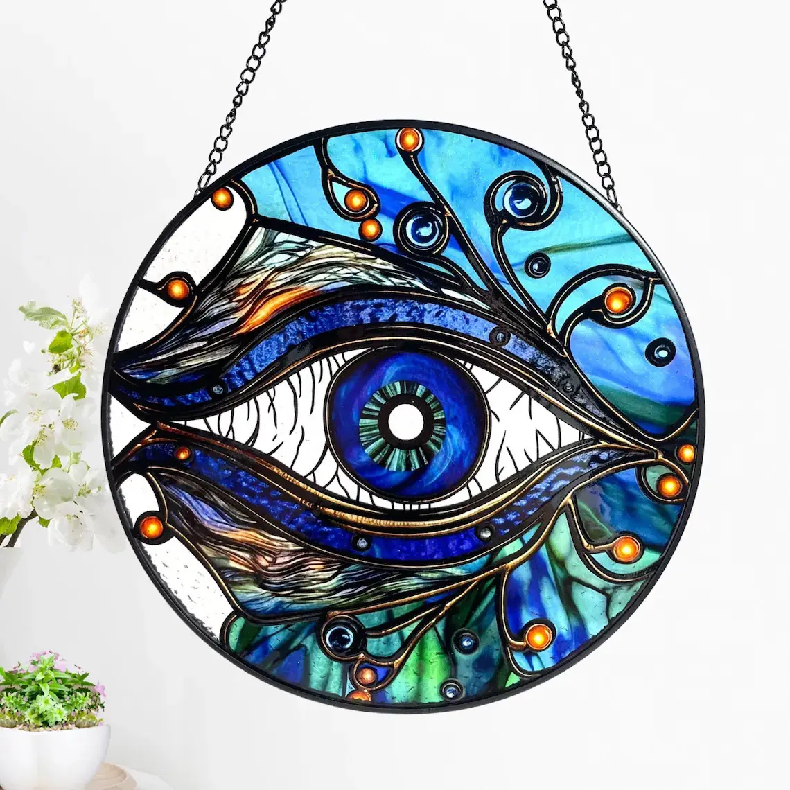 Evil Eye Stained Glass Suncatcher, Amulet, Talisman, Good Luck Charm, Gifts, Window Hanging, Indoor Decor, Sun Catcher Pet Ornaments Decoration