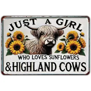 Highland Cow Sunflower Tin Sign Vintage Metal Decor 8x12 inches for Garden Yard Bar Porch Home Bedroom Kitchen Wall Art Gift