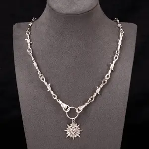 Gothic sun pendant necklace dark punk chain necklace y2k alternative jewelry silver tone charm necklace for daily wear and parties