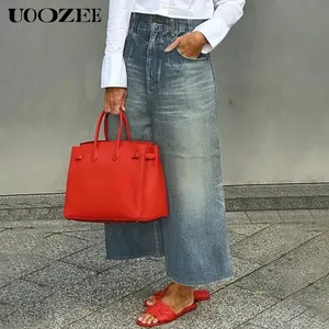 UOOZEE- LIVE Women's Loose Wide Leg Buttoned Pockets Jean Pants Bottoms Naturally Distressed Ankle Hem Blue Denim 100% Cotton Fitted Streetwear Casual Trouser