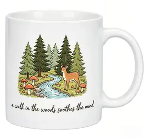 Cute Forest Deer Coffee Mug - "A Walk in The Woods Soothes The Mind" Ceramic Cup, Microwave & Dishwasher Safe, Nature Lovers Gift for Women, Friends, Outdoorsy People