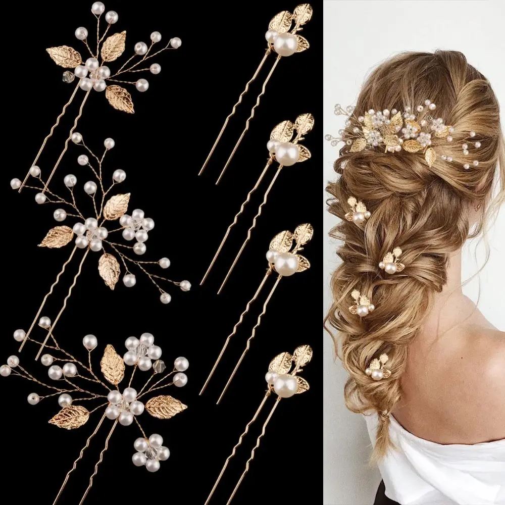 7 Pieces Wedding Hair Pins Gold Leaf Bride Headpiece Pearl Wedding Hair Styling Pins Hair Accessories Flower Hair Accessories for Brides Bridesmaids Girls thick