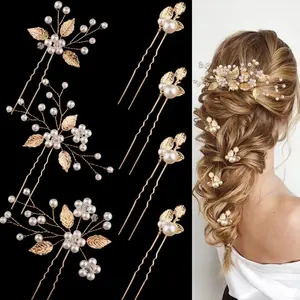 7 Pieces Wedding Hair Pins Gold Leaf Bride Headpiece Pearl Wedding Hair Styling Pins Hair Accessories Flower Hair Accessories for Brides Bridesmaids Girls thick