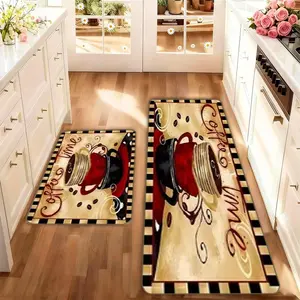 2-Piece Coffee Cup Pattern Kitchen Rug Set, Washable Non-Slip Low-Height Floor Mats, Ideal for Kitchen Laundry Room & Hallway Home Decor