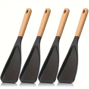 4pcs Cooking Spoon for Nonstick Cookware 12-Inch Silicone Spoon with Wooden Handle for Cooking, Serving, Mixing, Spooning and Scraping, Black