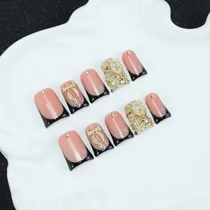 Handmade French Tip  On Nails, Luxury Nude Black Fake Nails with 3D Gold Bow & Rhinestone Design, Reusable Acrylic Glue On Nails for Women, Comes with Full Manicure Kit Tools Set, Perfect for Daily/Party/Wedding Nail Art Gift