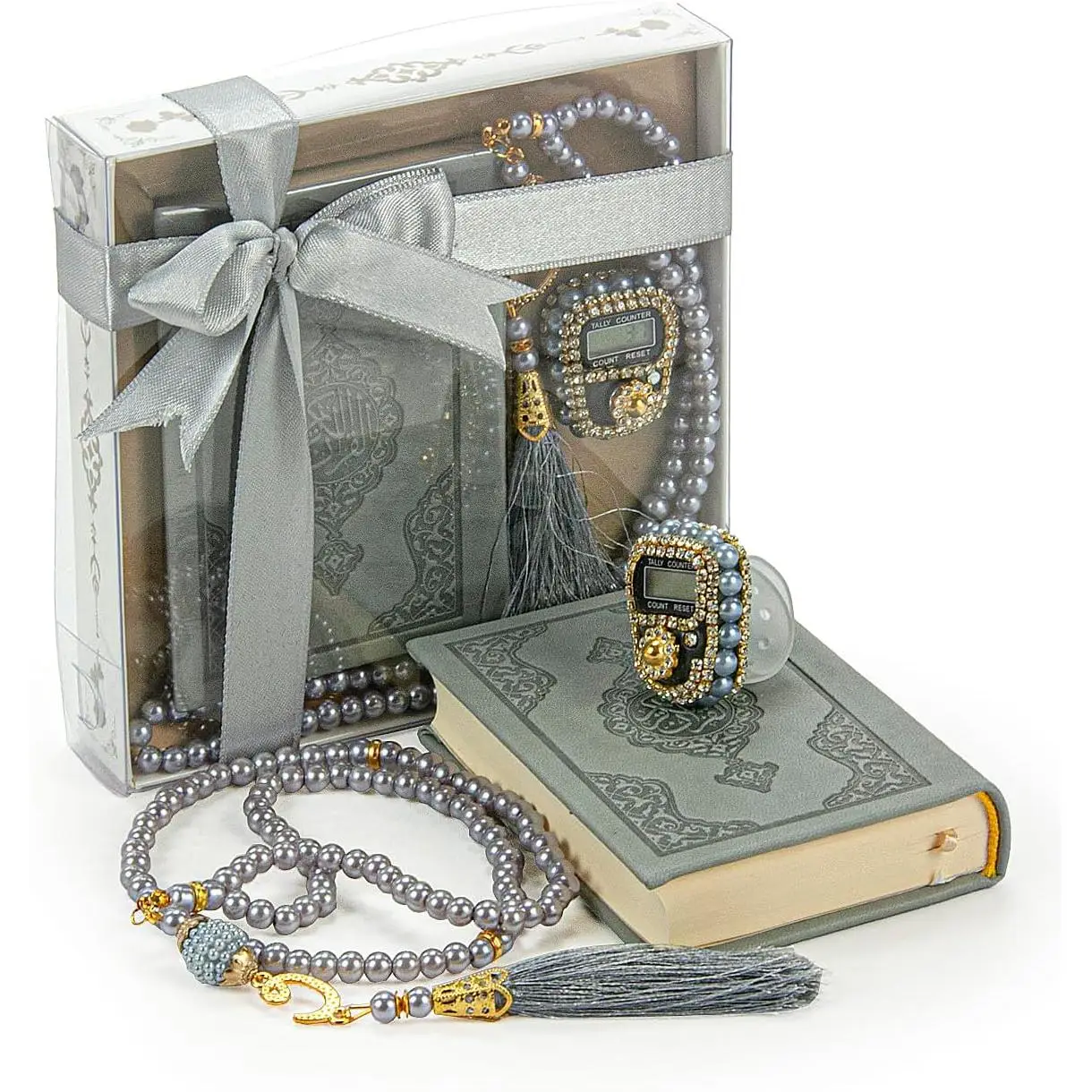 Medina Calligraphy Quran Set with Islamic Finger Counter – Portable Digital Prayer Tasbeeh, Pearl Zikirmatic Beads, 3 Pieces Gift for Ramadan, Eid & M