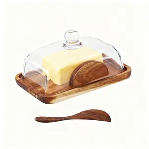 Wooden Butter Dish with Glass Lid & Wood Knife - Butter Keeper Container, Dessert Dish Kitchen Countertop Decor for East/West Coast Sticks