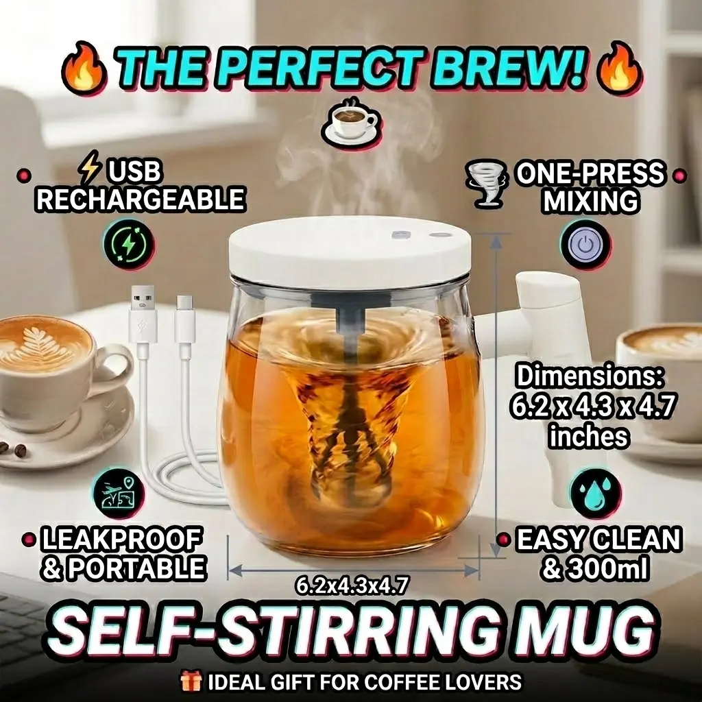 USB Rechargeable Self-Stirring Coffee Mug, 300ml Portable Magnetic Mixer, Leakproof Easy Clean Electric Cup for Coffee Tea Protein, Ideal Gift for Home Office Travel