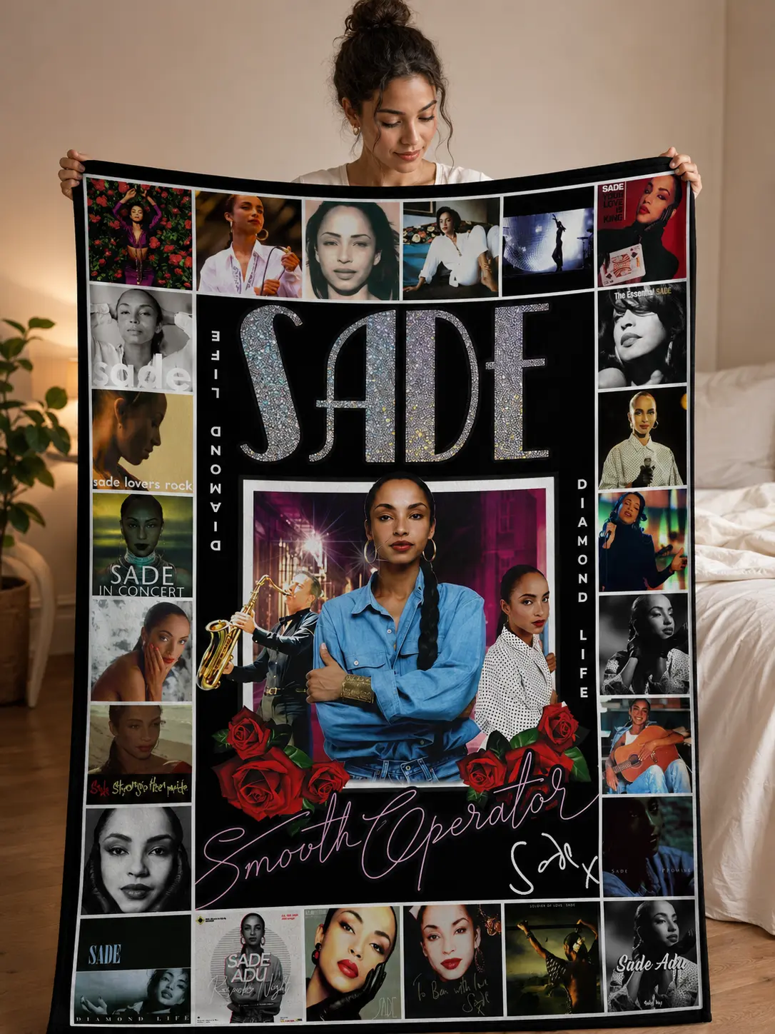 Sade Adu 'Smooth Operator' Vintage 80s & 90s R&B Photo Collage Fleece Throw Blanket - Diamond Life Album Art & Concert Portraits - Cozy Nostalgic Bedroom Decor for Music Fans