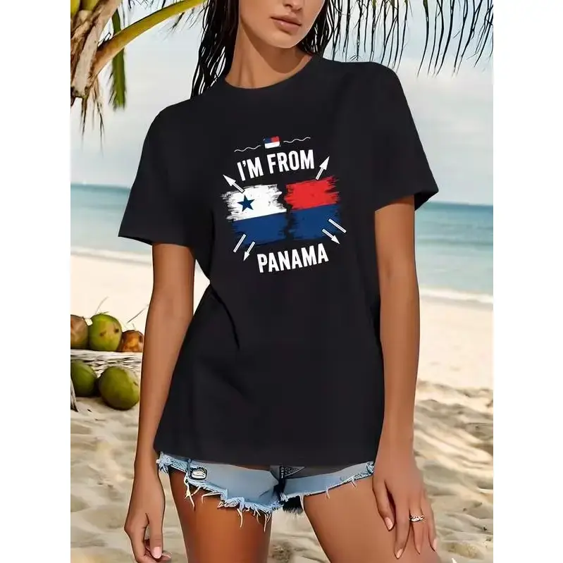 Women Vintage Panama Flag T Shirt Green Background With Colors Soft Crew Neck Casual Everyday Tropical Vacation Tee Lightweight Retro National