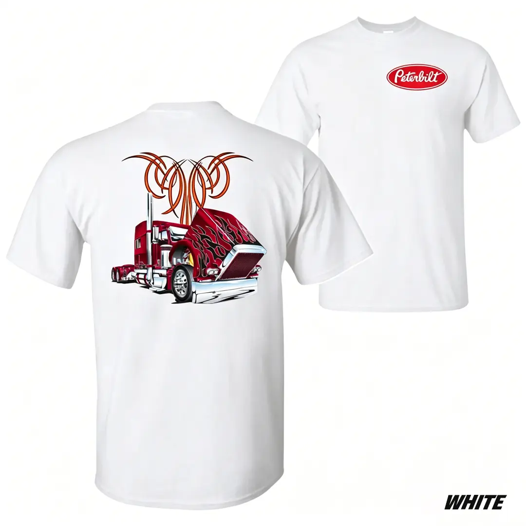 [100% Cotton] Peterbilt Flame Truck Graphic Tee – Red Semi Truck Shirt, 2side Hot Rod Print, Unisex Cotton Top for Diesel Enthusiasts