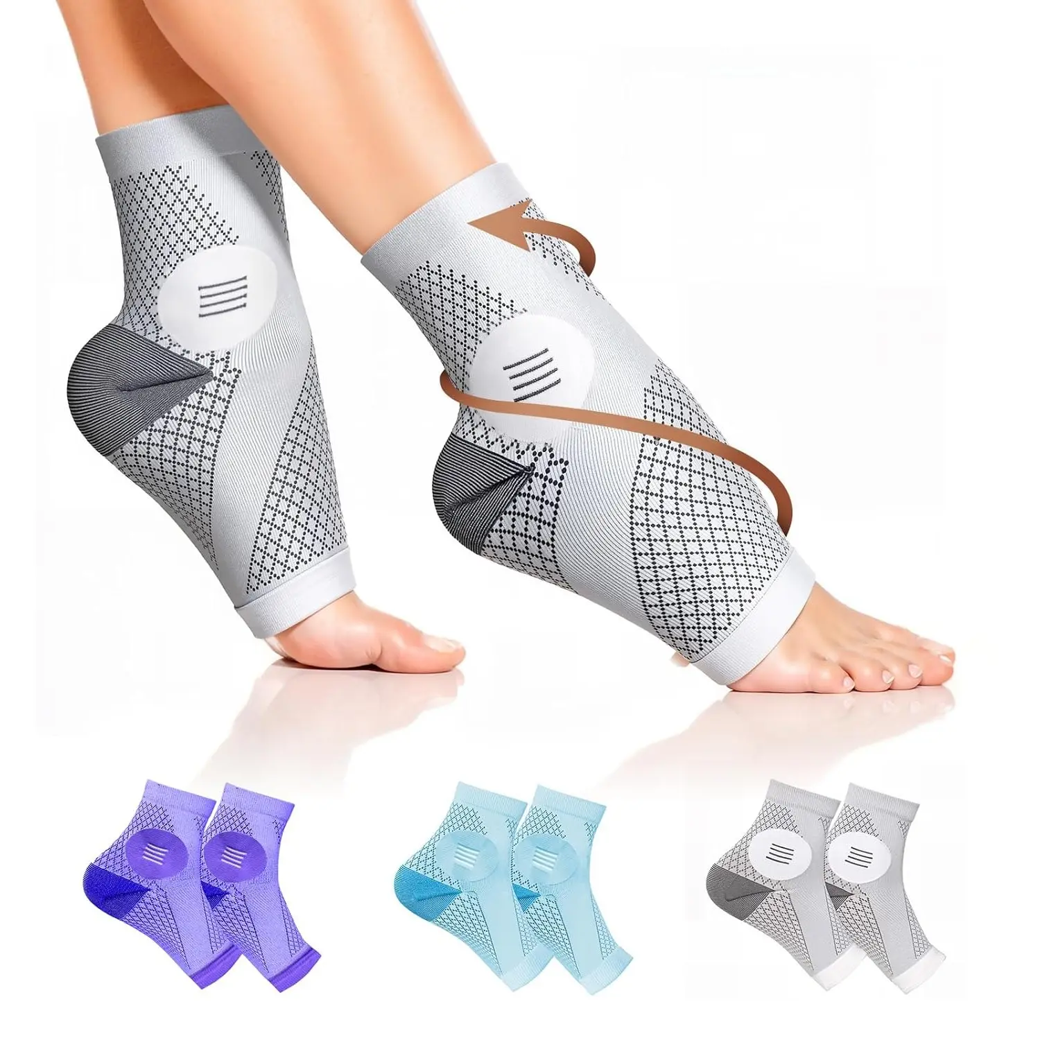 3 Pairs Neuropathy Socks for Women & Men, [Ultra Breathable] Plantar Fasciitis Socks for Achilles Tendonitis Relief, [20-30 mmHg Compression] Ankle Socks for Arch Support (Grey+Blue+Purple, Large)