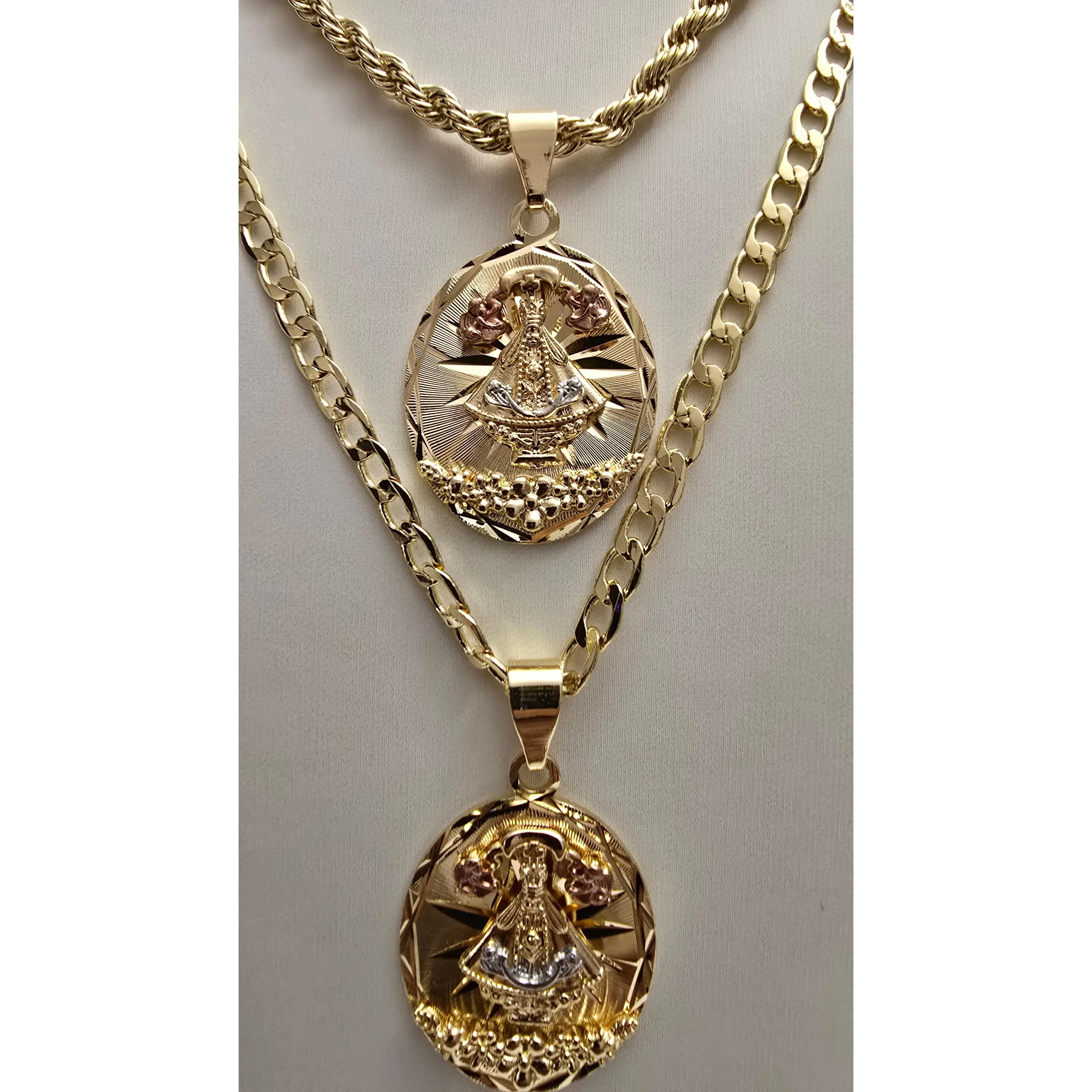 14k Gold Plated New Style Nuestra Senora de San Juan De Los Lagos Tri Color Pink Silver and Gold Cut Style Oval Pendant with Chain Cadena Virgen De Guadalupe